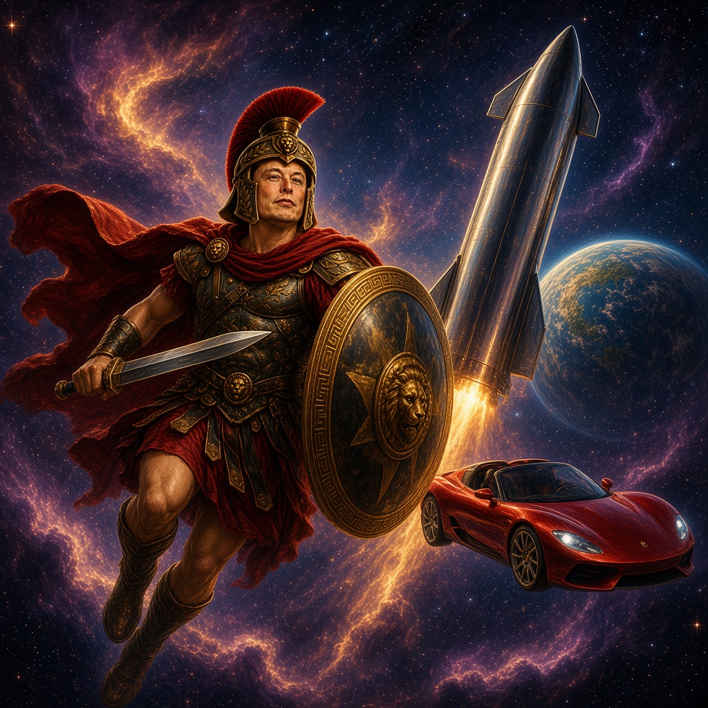 Elonius floating in space beside a red roadster
